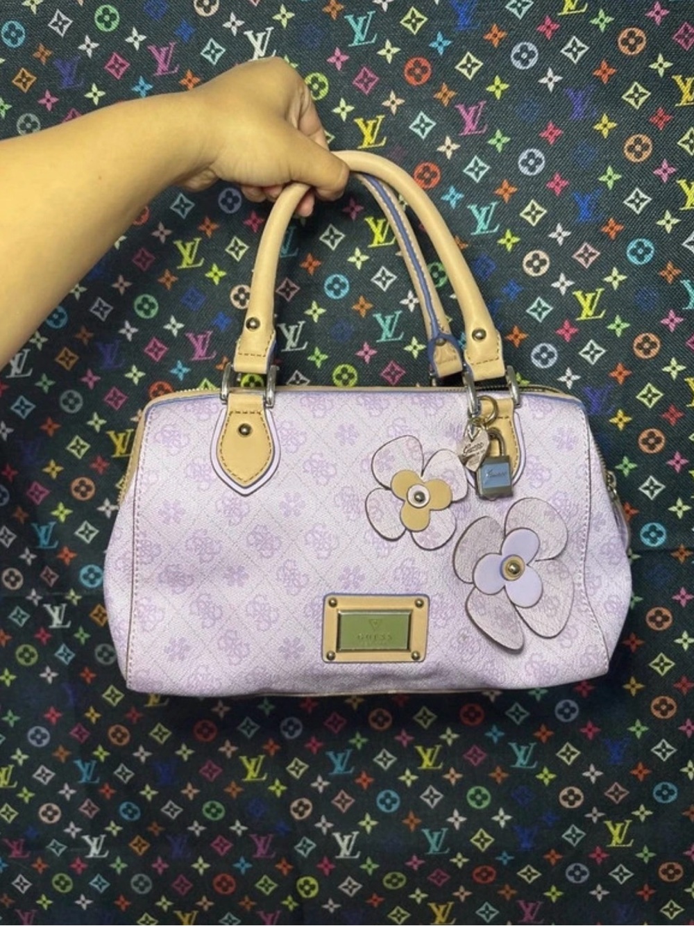 Guess Lavender Floral Appliqué Satchel with Tan Handles